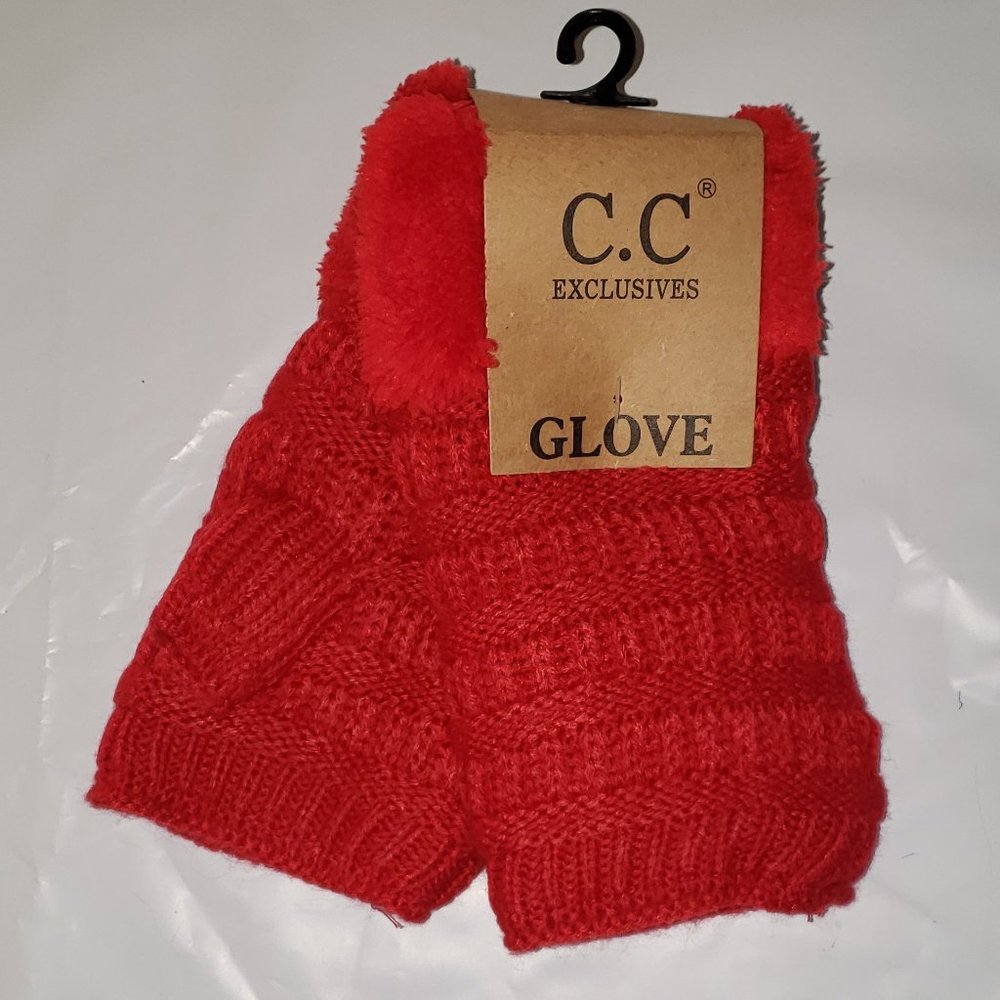 Solid Red Fingerless Gloves With Sherpa Lining
